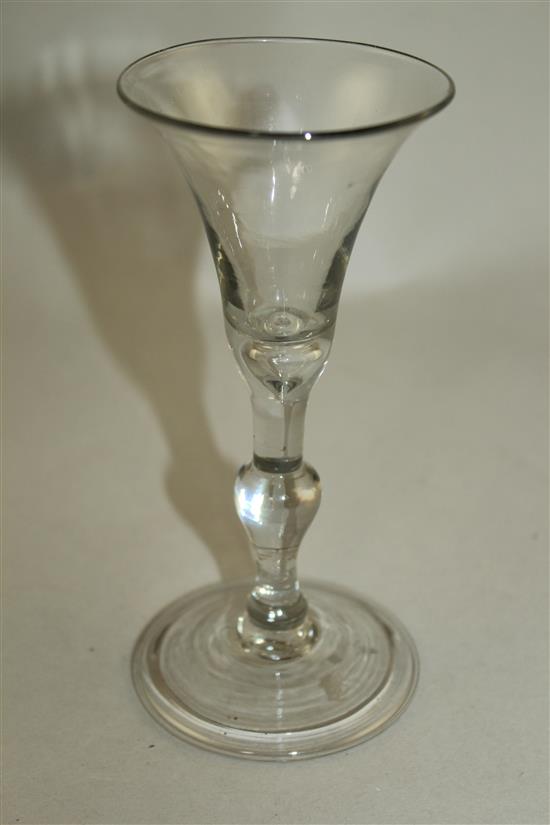 A Light baluster wine glass, c.1730, 15cm